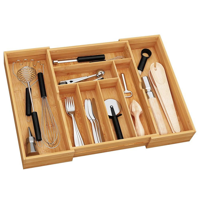BAMEOS 3" Deepth Expandable Drawer Organizer, Deep Flatware Organizer, Adjustable Silverware Organizer, Bamboo Drawer Organizer for Kitchen, Bathroom (Natural)