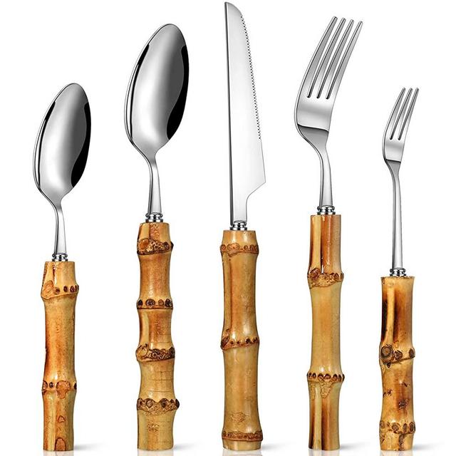 Bamboo Tableware Set 18/8 Stainless Steel Cutlery Set Natural Bamboo Flatware Stainless Steel Bamboo Utensil Bamboo Cutlery Bamboo Handle Utensil Set (Silver, 30 Pieces)