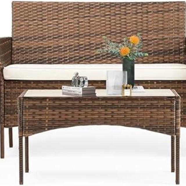 Sweetcrispy Patio Furniture Set 4 Pieces, Outdoor Furniture with Soft Cushion and Glass Table, All Weather Manual Weaving Wicker Rattan Patio Chairs for Garden, Terrace, Porch, Lawns,Brown