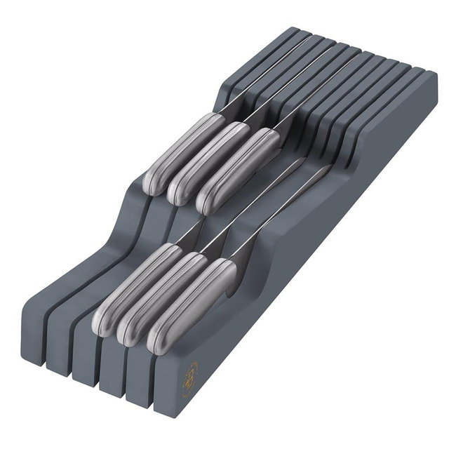 In-Drawer Knife Block - Bamboo Knife Drawer Organizer for Kitchen - Fits 5 Long + 6 Short Knives, Store Knives with Blades Pointing Down - Wooden Steak knife Holder without Knives (Grey)