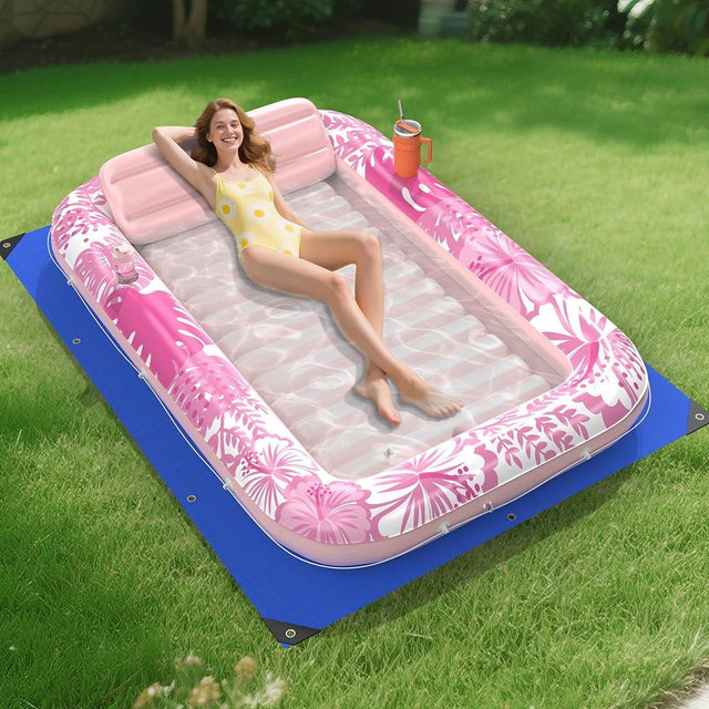 Inflatable Tanning Pool Lounger Float with Protection Tarp, 85" x 57" Pool Floats Adult with Pillow, 6 in 1 Suntan Tub Raft Floatie, Sunbathing Water Bed Lounge Blow Up Kids Ball Pit Party Gifts-Pink