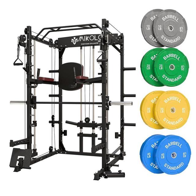Mikolo SmithMachine, Multifunctional Power Cage Squat Rack with Cable Crossover System and Dip Station, 2250lbs Capacity Home Gym with LAT Pull Down System