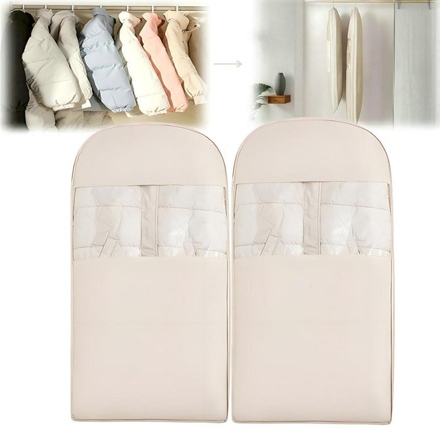 Space Saving Hanging Garment Bag with Self Compression Zipper, 2025 New Space Saver Clothes Storage Organizer, Dust Cover Clothes Bags for Down Coat Suit Dress or Jacket (Beige, XL, 2PCS)