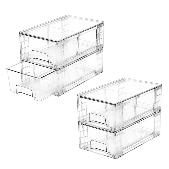 4 Pack Stackable Storage Drawers,Plastic Organizers Bins, Drawers Storage with Handles and Movable Dividers for Organization and Storage in Fridge,Dressers, Pantry, Kitchen Cabinets, Under Sink