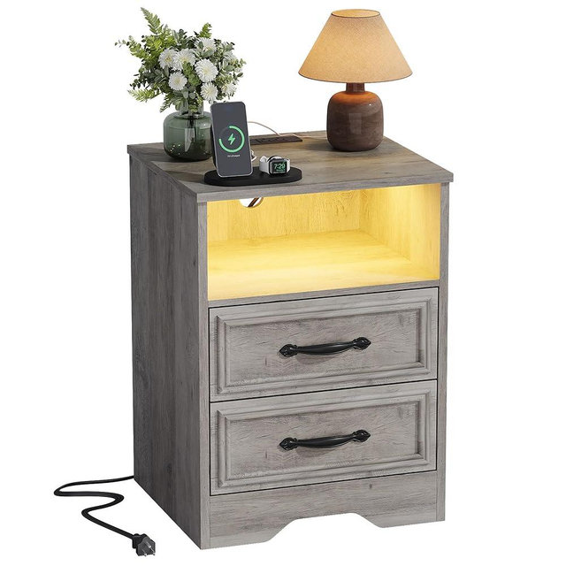 Farmhouse Nightstand with Charging Station, LED Night Stand with Open Shelf & 2 Fabric Drawers, Bed Side Table with USB-C USB Ports & AC Outlets for Dorm, Living Room