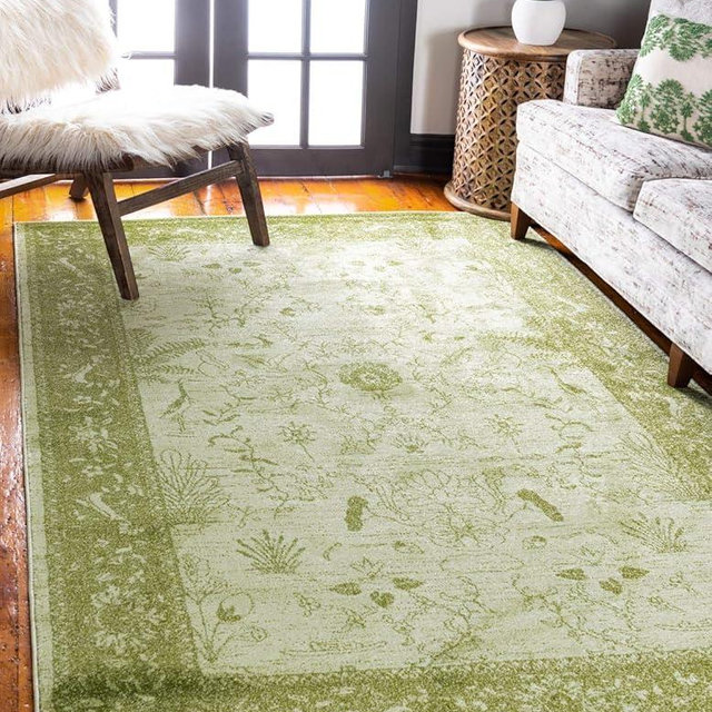 Unique Loom La Jolla Collection Farmhouse, Contemporary, Botanical, Traditional, Vintage Area Rug, 9 x 12 ft, Light Green/Green