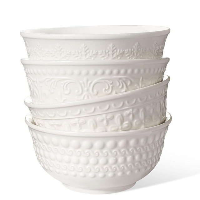 Wareland Cereal Bowls Set of 4 - Ceramic Soup Bowls for Kitchen 30 Oz Embossment White Breakfast Bowls for Rice, Pasta, Fruits, Salad, Ramen, 6.25 Inch, Dishwasher & Microwave Safe (Multiple Patterns)