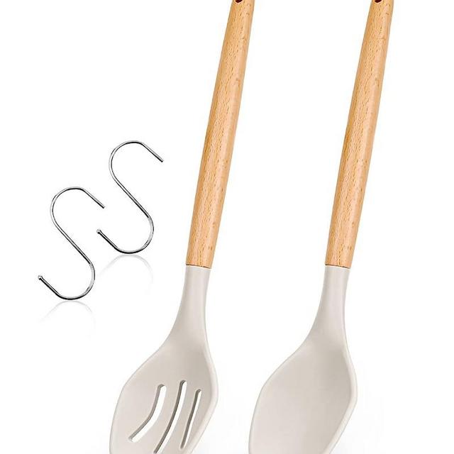 Large Silicone Cooking Spoons, 2 Pack Nonstick Solid and Slotted Wooden handle Spoon Set, Heat Resistan Silicone Kitchen Spoons for Cooking, Serving, Basting, Mixing (2 hooks included, Khaki)