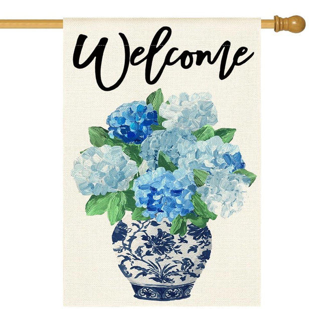 AVOIN colorlife Spring Hydrangea Floral Welcome House Flag 28x40 Inch Double Sided Outside, Blue and White Chinoiserie Seasonal Yard Outdoor Flag
