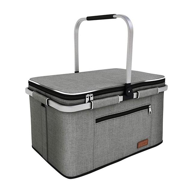 LIQING 34l Large Picnic Basket Shopping Travel Camping Grocery Bags 2 Layers of Internal Pockets Leak-Proof and Insulated Folding, Internal Support Does Not Collapse