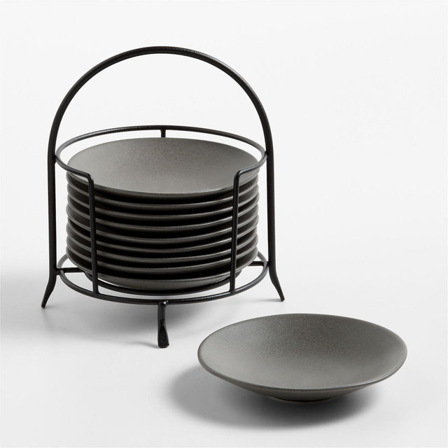 Craft Charcoal Round Stoneware Appetizer Plates with Black Stand, Set of 10