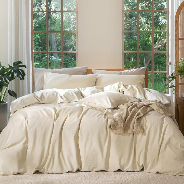 MooMee Bedding Duvet Cover Set 100% Washed Cotton Linen Like Textured Breathable Durable Soft Comfy (Heathered Almond Milk Grey, Twin 68"x90")