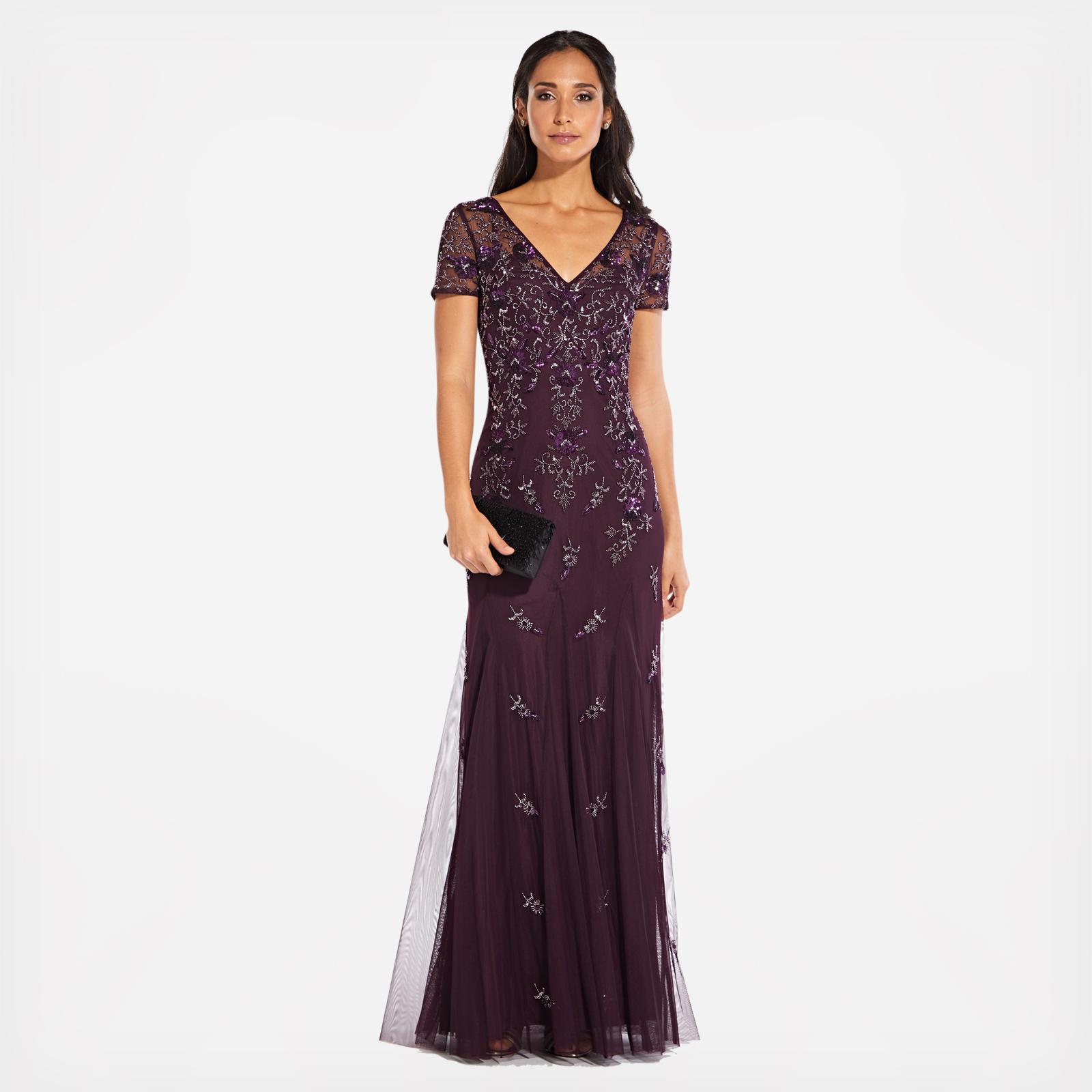 floral beaded godet gown with sheer short sleeves