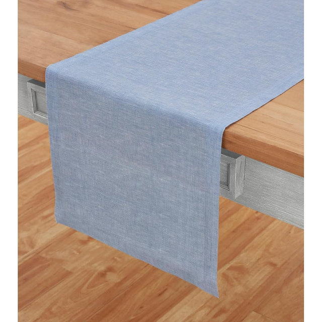 Solino Home Linen Table Runner 144 Inches Long - Athena, 100% Pure Linen Chambray Blue 14 x 144 Inch Table Runner for Dining, Summer