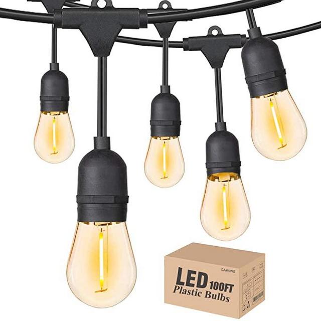 Outdoor String Lights LED 100FT with 30 Sockets 32 Shatterproof S14 Dimmable Plastic Vintage Edison Bulbs and Commercial Grade Waterproof Strand Light String Lights for Porch Market Cafe String Lights