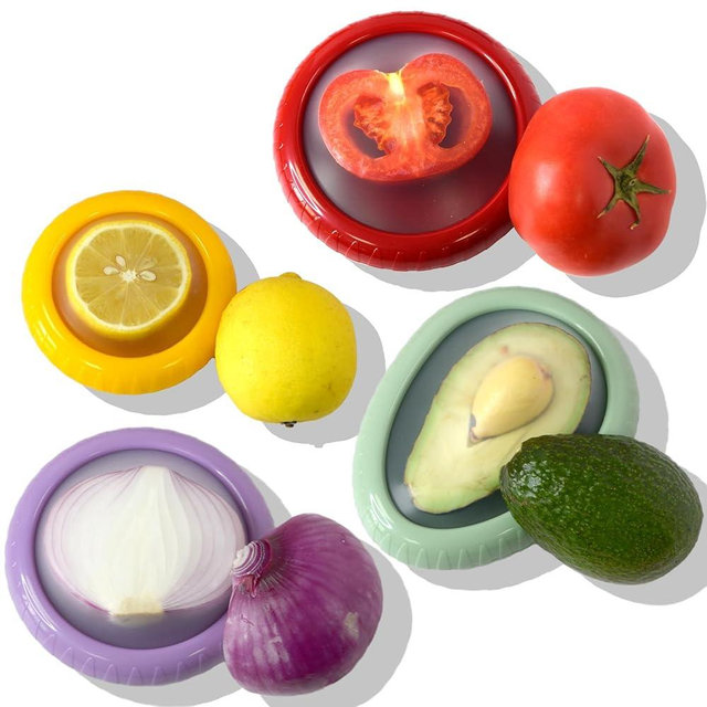 4 Pcs Reusable Avocado Onion Lemon Tomatoes Saver Keeper, Silicone Fruit and Vegetable Anti-Oxidation Storage Box Refrigerator, Fruit Veggie Holder Containers for Fridge (Cyan, Purple, Red And Yellow)