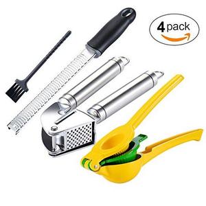 Garlic Press Citrus Squeezer Zester Kitchen Utensil Set 3-pack, Premium Metal Lemon Lime Press Juicer Stainless Steel Professional Garlic Ginger Smasher Cheese Grater