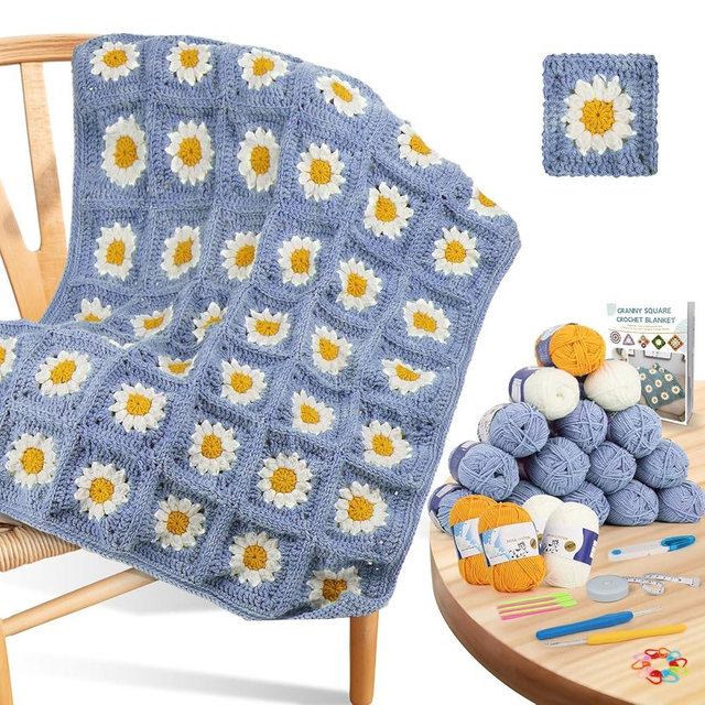 Coopay Crochet Starter Kit - Beginner's Blanket & Granny Squares Pattern, Includes Yarn & Instructions - Easy to Learn for Adults (Blue-Purple)