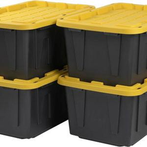 Medium 12 -Gallons ( 48 -Quarts ) Black and yellow Heavy Duty Stackable Tote with Standard Snap Lid