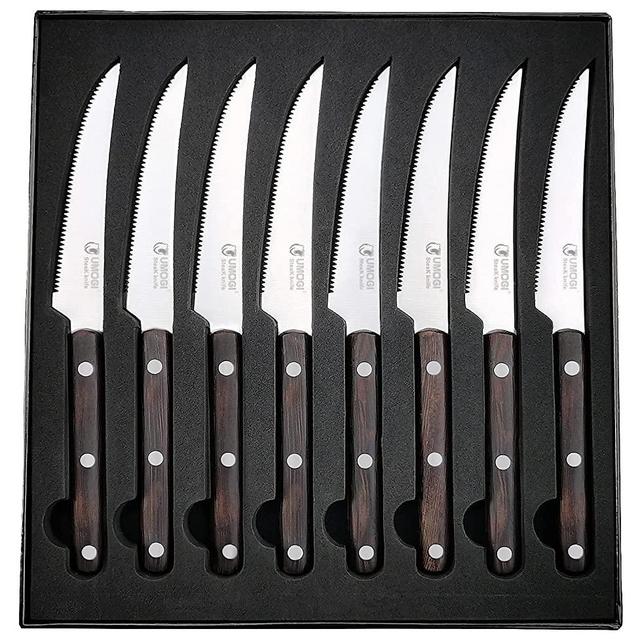 Steak Knives Set of 8 with Gift Box - Full Tang Wenge Wooden Handle - HC German Stainless Steel - Serrated Edge Non Straight - 4.5'' Dinner Knife, Kitchen Tableware Knives Cutlery Set UMOGI