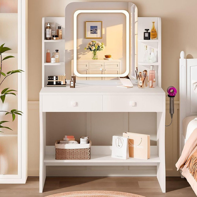 LIVELYGLOW Small Makeup Vanity Desk with Smart LED Mirror & Power Outlet, 29.5" White Vanity Table with Hairdryer Rack, 5 Storage Shelves & 2 Drawers, Compact Dressing Table for Small Spaces