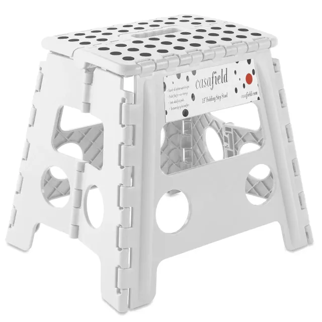 Casafield 13" Folding Step Stool with Handle - White, Collapsible Foot Stool for Adults, Use in Kitchen and Bathroom