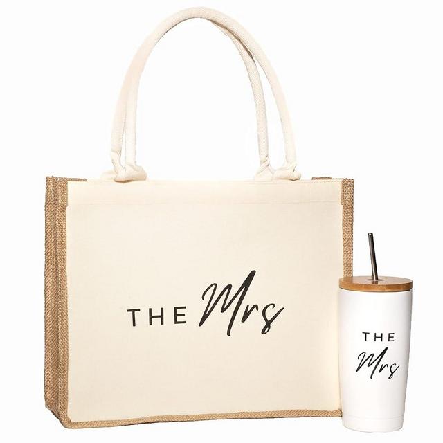 BACHES TO BRIDES The Mrs. Tumbler & Tote Bag Gift Set - Stainless Steel Wine Tumbler with Lid and Straw - Newly Engaged Travel Mug and Tote Bag for Women - Perfect for a Wedding Gift & Party