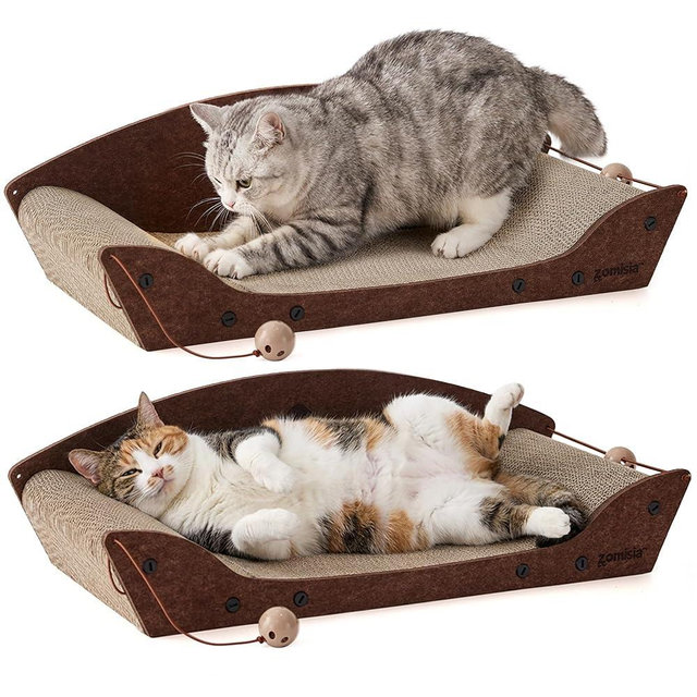ZOMISIA 2 Pack 26'' Cardboard Cat Scratcher Bed - Large Scratcher Couch for Indoor Cats, Orthopedic Scratching Board, Lounger Scratching Couch with Bells