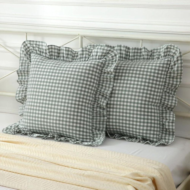 Mywinlle Light Green Plaid Ruffle Decorative Throw Pillow Covers for Couch,2 Pack Vintage Checkered Washed Cotton Pillowcases for Bed, Sofa, Living Room-24"x24"