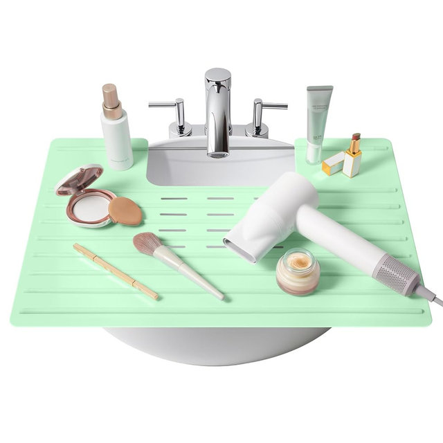 Maplefield Bathroom Sink Cover for Counter Space, Heat Resistant Silicone Sink Mat for Your Beauty Routine, Small Bathroom Space Saver Sink Cover for Makeup (Mint Large, 22" x 15" x 2" Inches)