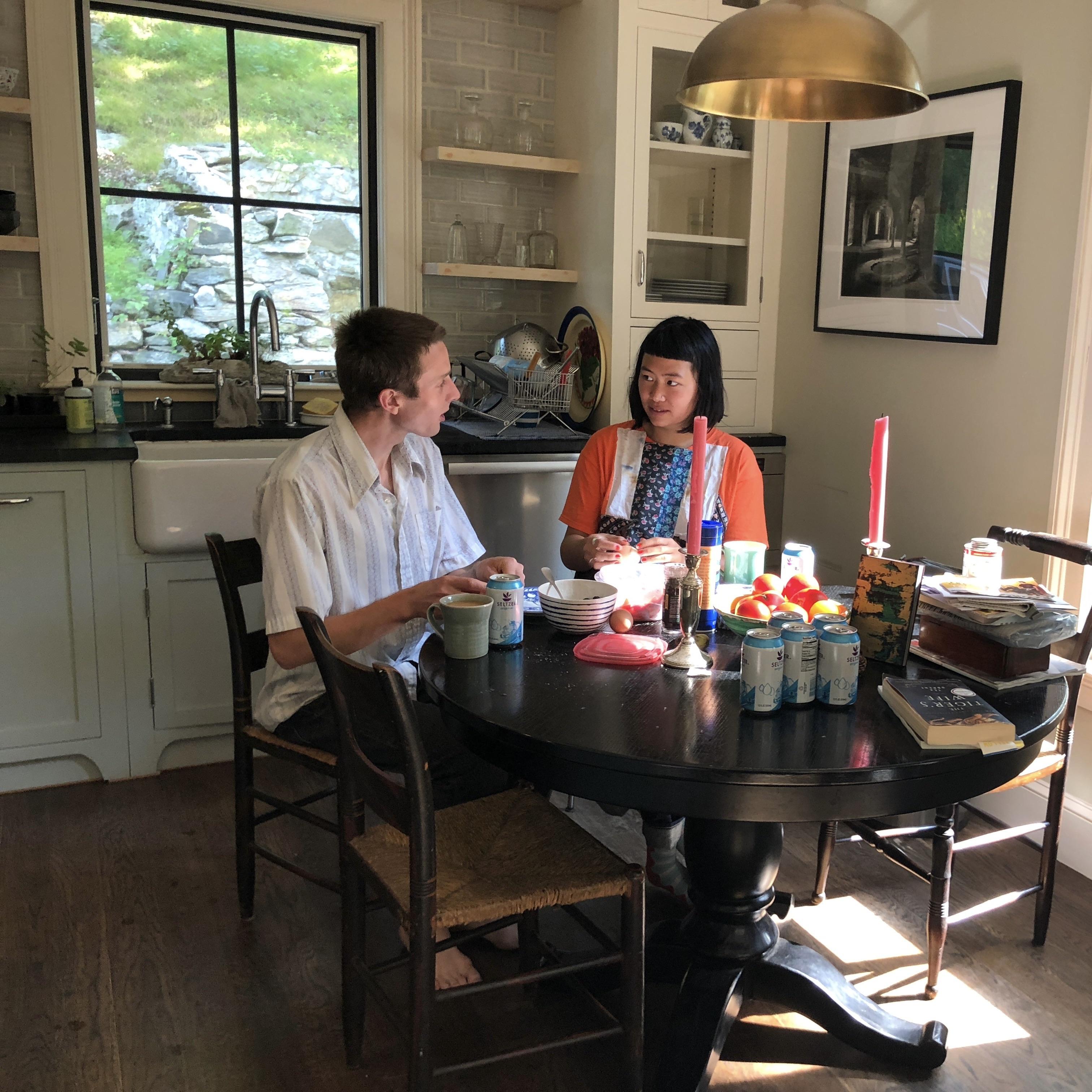 Peeling eggs lovingly in the Heald kitchen in Redding during Elena's first visit in 2018.