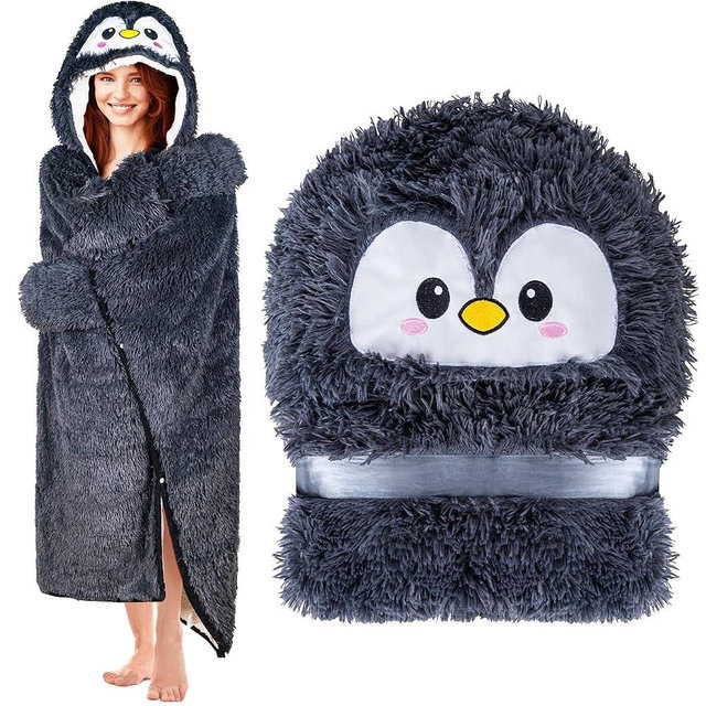 Penguin Wearable Hooded Blanket for Adults - Fluffy Super Soft Shaggy Faux Fur, Fuzzy Warm Cozy Plush Furry Fleece & Sherpa Hoodie Throw Cloak Wrap - Penguin Gifts for Women Adults and Kids