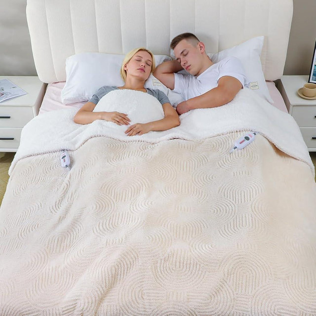TiMiCalda Heated Blanket Queen Size - 84"x90" Cozy Soft Jacquard Heating Blanket with 4 Heat Levels & 10 Hours Auto-Off, Jacquard Fleece, Overheating Protection, Warm Gifts, Cream
