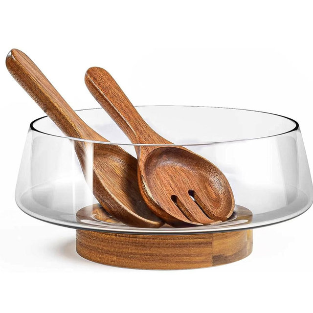 KITEISCAT Extra Large Glass Salad Bowl Set - Party Salad Bowls with Acacia Wood Base and Serving Utensils - Elegant and Practical Kitchen Must-Have