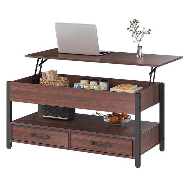 Winkalon Coffee Table, Lift Top Coffee Table with Storage Shelf and Pop up Adjustable Lift Tabletop, 41.7" Wood Coffee Tables for Living Room with 2 Drawers and Hidden Compartment(Espresso Coffee)