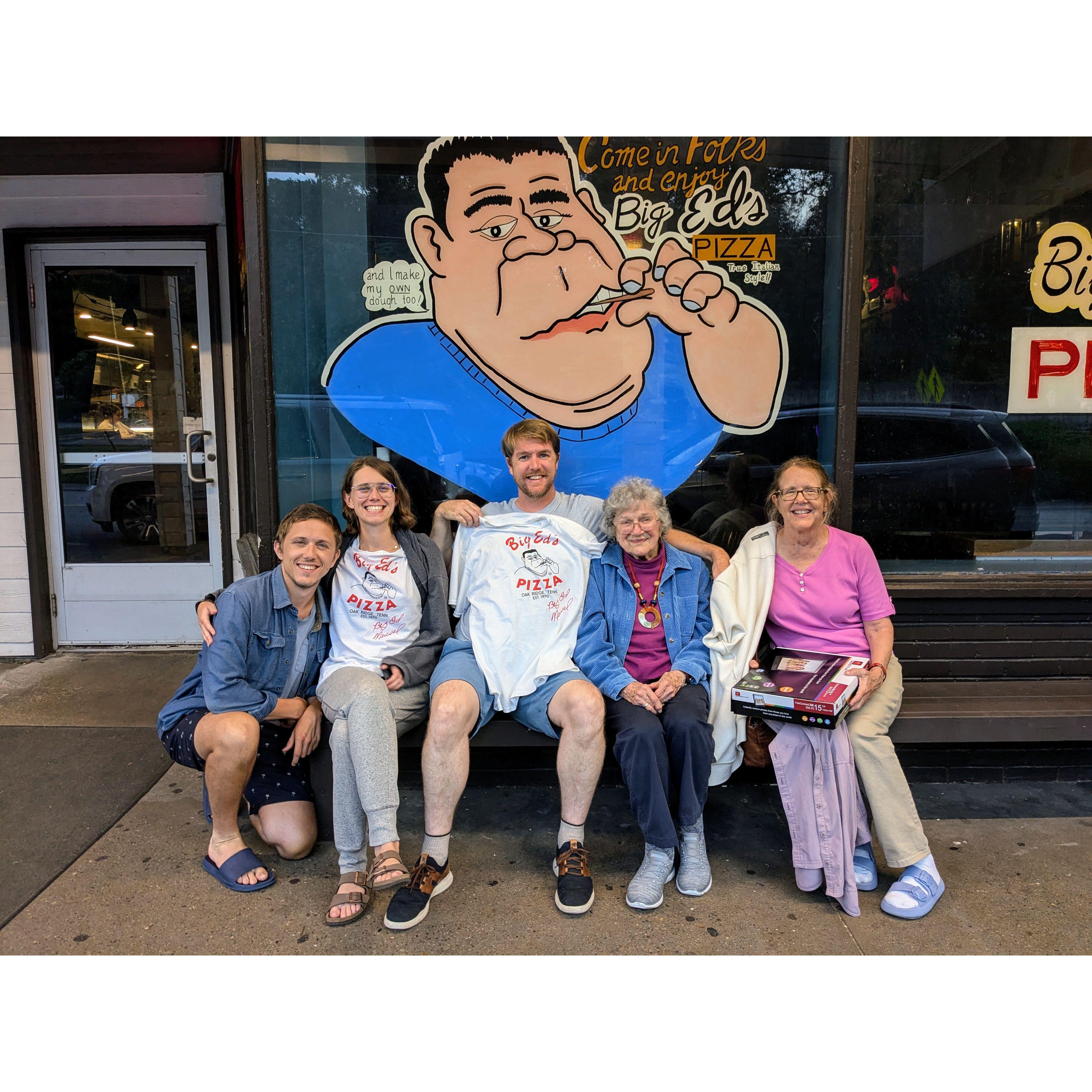 Aaron's first trip to Big Ed's in Oak Ridge Tennessee was commemorated with the obligatory t-shirt purchase and photo with Hilda's brother, his girlfriend, Nana, and mom.