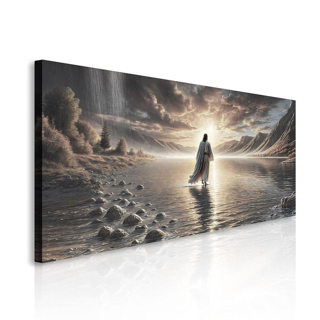 TAILORED CANVASES Jesus Walking on Water Wall Art – Framed Christian Canvas Decor for Living Room, Church, or Prayer Space – Picture of Jesus Walks on Water, Religious Artwork 18x36