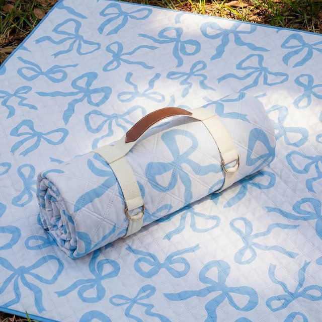 SmoothNovelty Blue Bow Picnic Blanket 80'' x 80'' Waterproof Extra Large Camping Blanket Coquette Picnic Mat Foldable Portable Preppy Outdoor Beach Mat with Carry Strap for Outdoor Grass Lawn Park