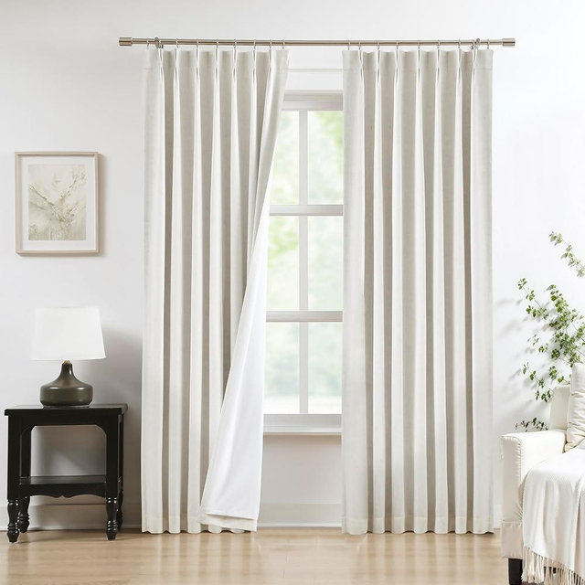 Pinch Pleated Blackout Curtain Panels with Full Blackout Liner Linen Texture Thermal Insulated Window Treatment Sets with Back Tab for Living Room Bedroom Drape with 9 Hooks, 40"x95"x2, Natural