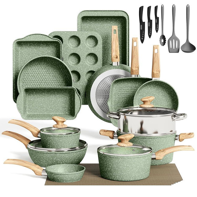 MAISON ARTS Pots and Pans Set Non Stick, 30 Piece Kitchen Cookware & Bakeware Sets with Granite Coating, Pots and Pans Sets for Cooking Nonstick, Green