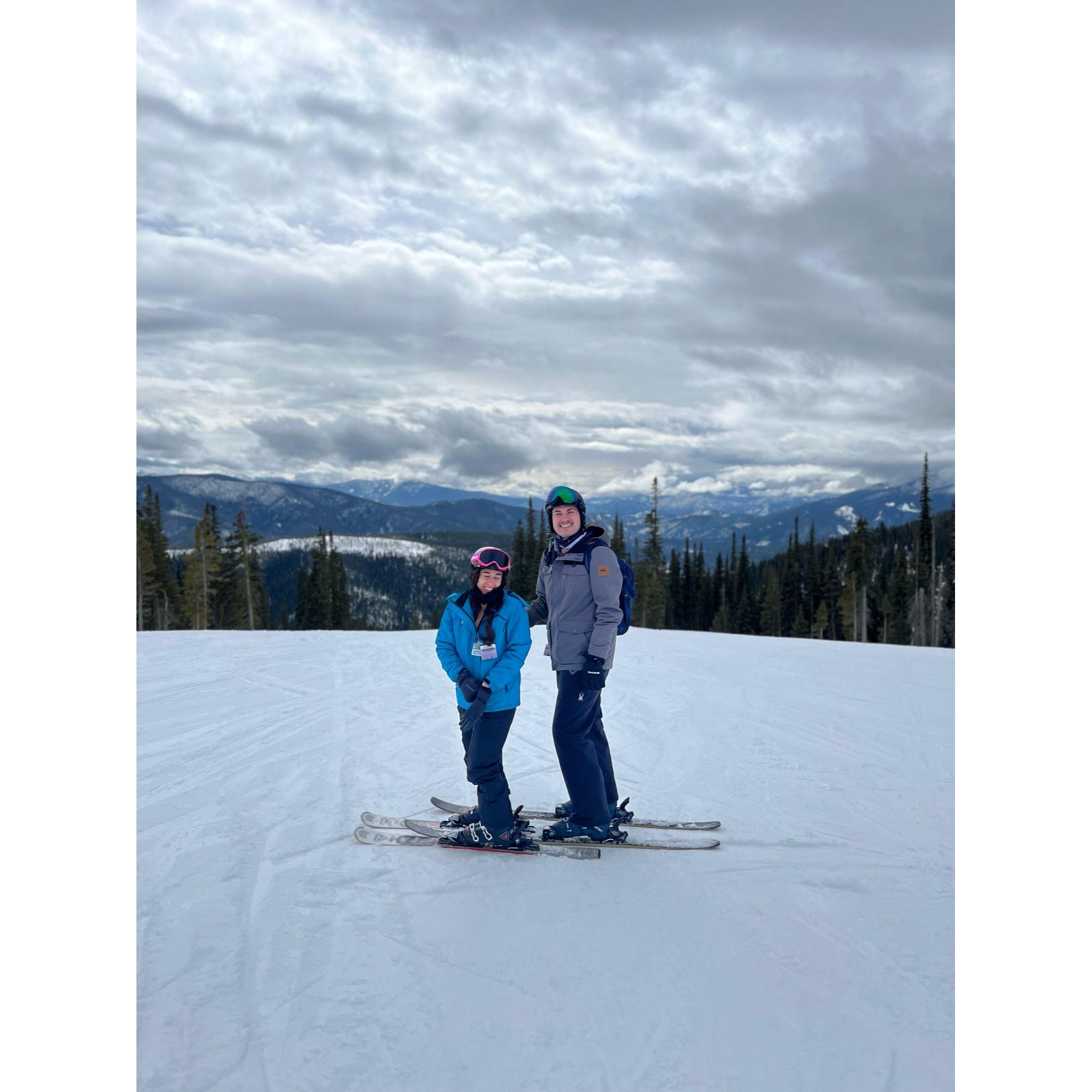 Ken and Janelle in Montana Skiing March 2024. They were visiting there good friends John and Brandi (who also got engaged the same day as them, August 10th !!)
