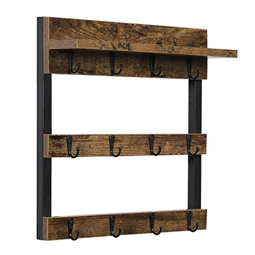 OROPY Rustic Coffee Mug Rack Wall Mounted, Wood Cups Rack Organizer 12 Hooks, with Display Storage and Collection Shelf(Retro Brown)