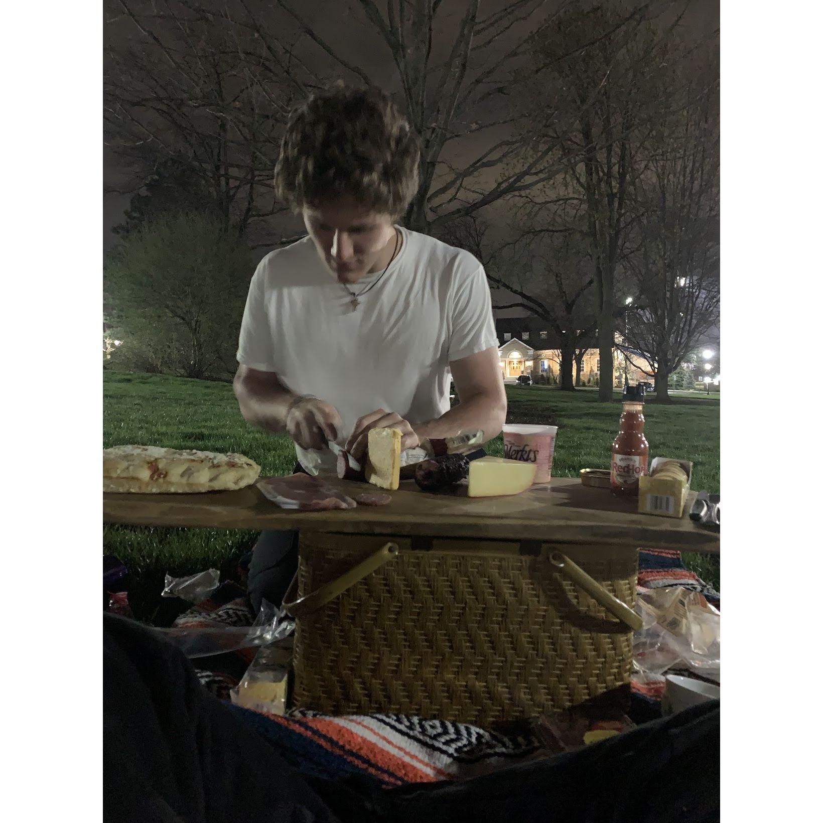 One of our many picnic dates. This one was on the campus lawn at 11pm at night because I couldn't do the date until I finished a massive paper. Late night picnic it is.