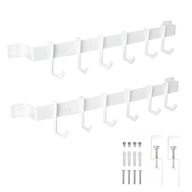 Benitem Adjustable Kitchen Rail Rack with 12 Sliding Hooks, Hanging Utensil Holder Under Kitchen Cabinet/ Wall Mount, 2 Installation Options by Clamps/ Screws, for Pot/ Pan/ Towel, Pack of 2 (White)