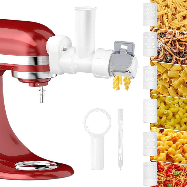 Gourmet 6-in-1 Pasta Attachment for Stand Mixer, Pasta Maker Attachment with 6 Shapes Pasta Press Outlet & Cleaning Brush, Dishwasher Safe Homemade Pasta Accessories for Kitchen Aid