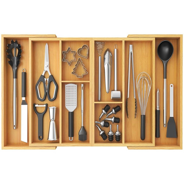 Lifewit Expandable Utensil Organizer for Kitchen Drawer, Adjustable Cooking Silverware Tray, Plastic Cutlery Flatware Holder, Spatula Tools Gadgets Storage Divider, 21-36 x 16, Bamboo, Natural