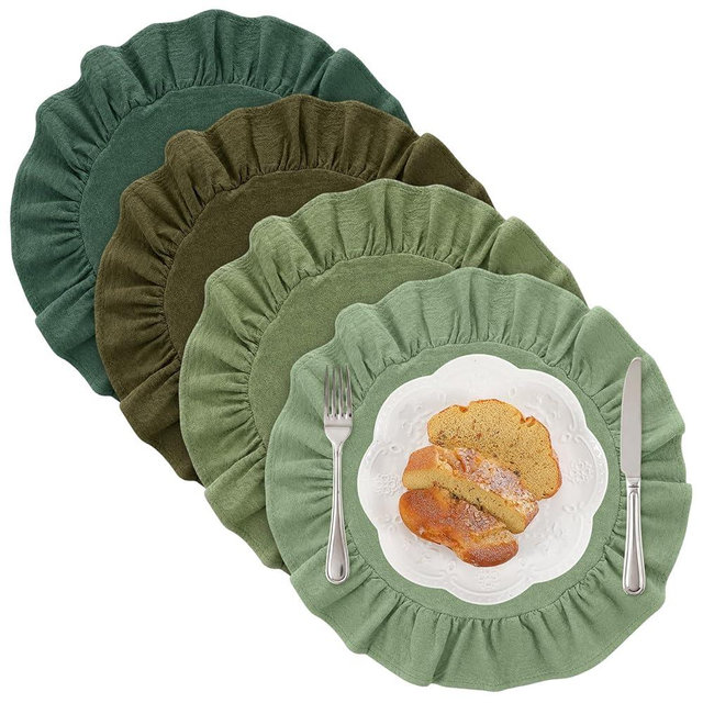 Chicplaid 4 Pcs Green Ruffle Placemats 15 Inch Gradient Color 100% Cotton Boho Scalloped Round Placemats for Kitchen Dining Wedding Banquet Birthday Party Supplies