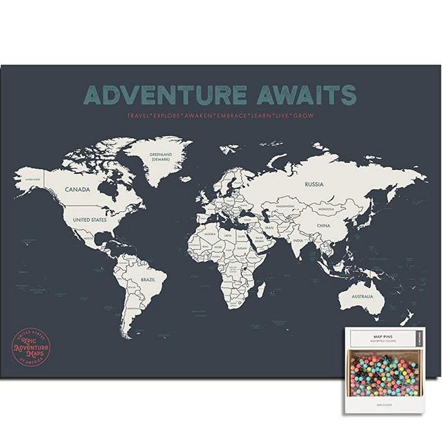 Epic Adventure Maps Push Pin World Map Poster 24" x 17" - World Travel Map Marks Your Adventures Around The World - Multicolored Pushpins Included - Travelers Gift - Traveler Wall Decor