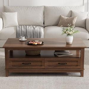 GarveeHome Farmhouse Coffee Table with Drawers, 47.2 in Center Table Rustic Coffee Tables Walnut Center Table with Open Shelf, 6 Support Legs