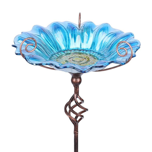 MUMTOP Bird Baths for Outdoors Glass Birdbath Bird Feeders Bowl Flower Pattern with Metal Stake for Garden Decor (Blue)